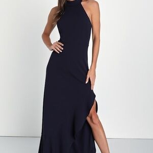 Lulus Majestic Perfection Navy Blue Ruffled Halter Maxi Dress - Size S